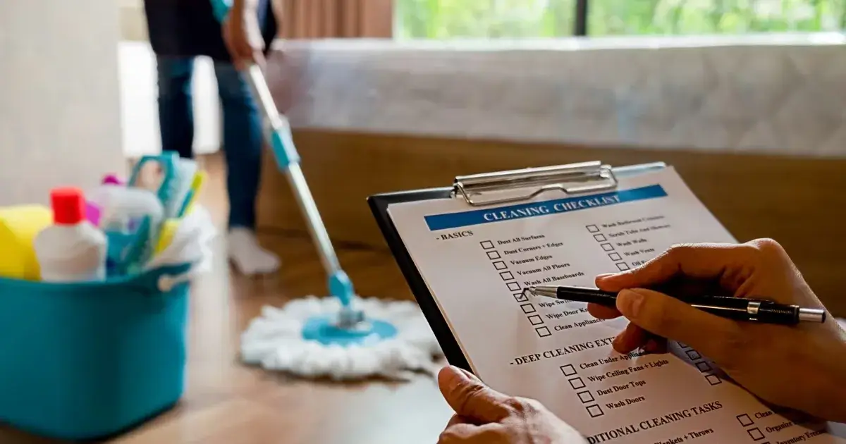 Professional cleaner reviewing a checklist that shows how to create a cleaning schedule for a New Jersey home.