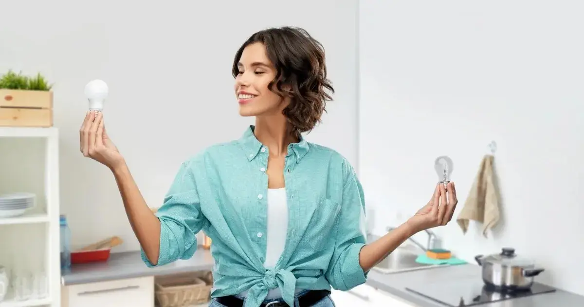 Woman holding light bulbs in a bright kitchen, representing an energy cleanse for your home.