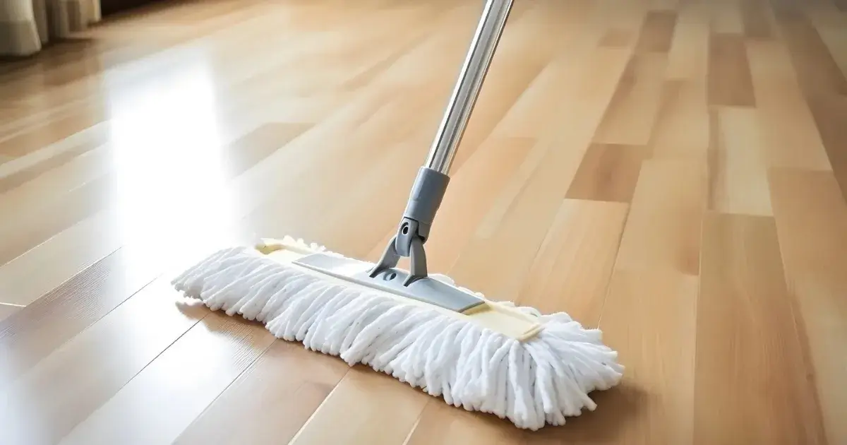 Microfiber mop cleaning a hardwood floor, showing practical hardwood floor care tips for a cleaner home.