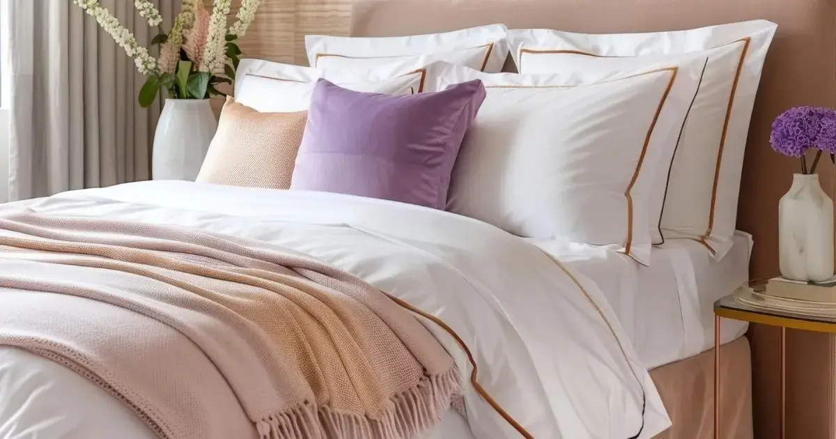 Neatly made bed with fresh pillows and bedding, illustrating how often to change your linens.