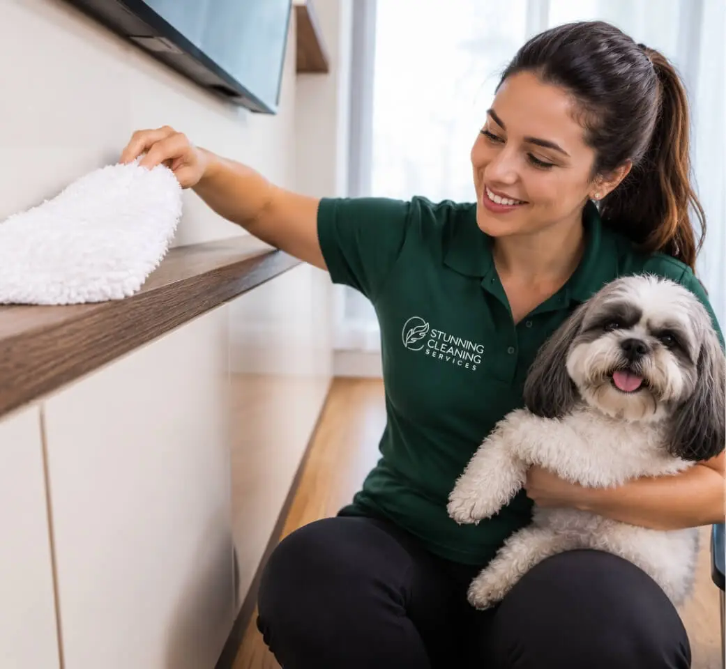 Stunning Cleaning Services team member cleaning a home while caring for a pet in Long Branch, NJ.