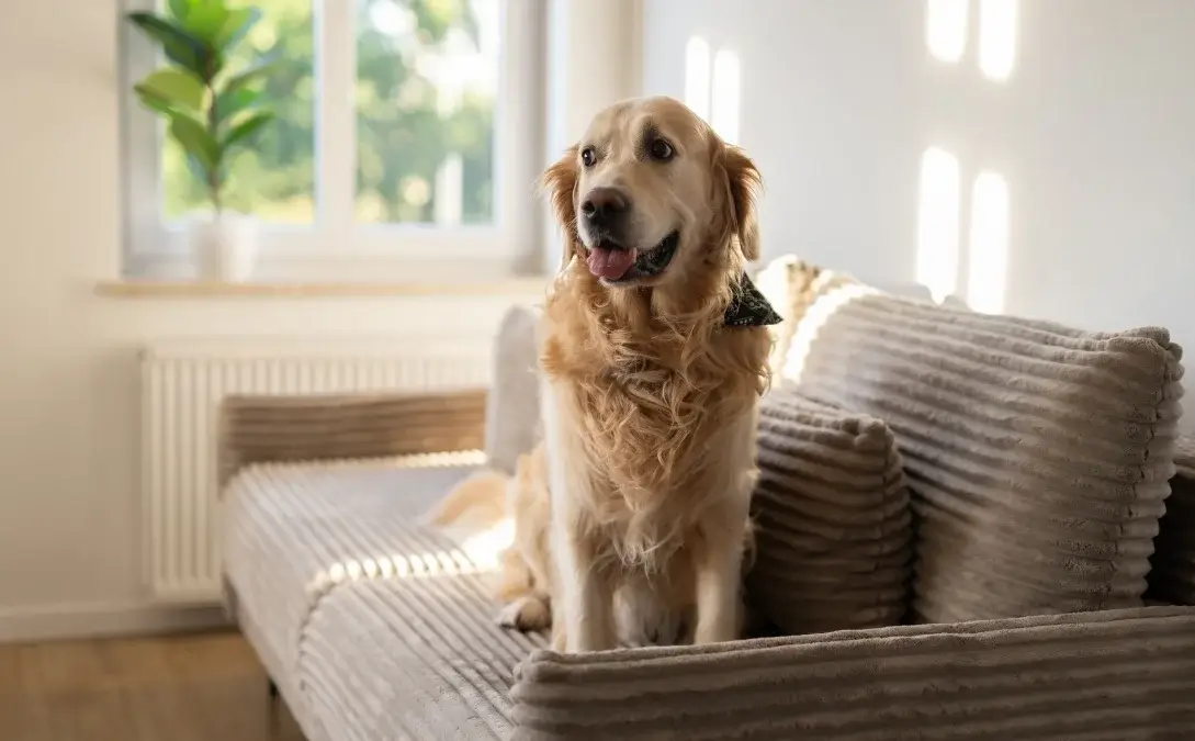 Woman vacuuming pet hair from a sofa while a dog sits nearby
