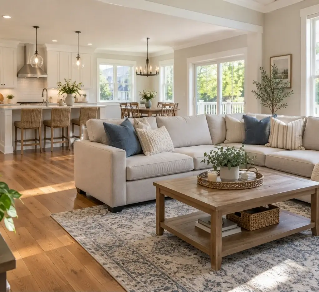 Bright, clean living room with a comfortable sofa and an open kitchen, representing house cleaning in Freehold, NJ.
