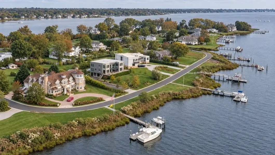 Aerial view of waterfront homes, illustrating the service area for house cleaning in Oceanport by Stunning Cleaning Services.